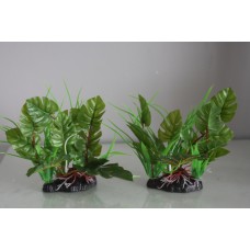 Aquarium 2 x Green Plastic Flora Leaf Plants with Weighted Base 9 x 4 x 17 cms